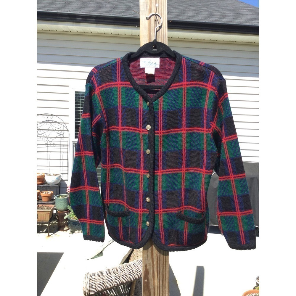 Vintage Tally Ho Womens Knit Cardigan L Large Red black Plaid Preppy Emo Twee